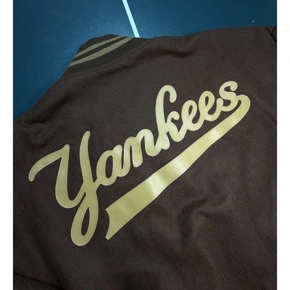 Vintage 90s Jeff Hamilton New York Yankees Wool Bomber Jacket Brown Large Flaws*